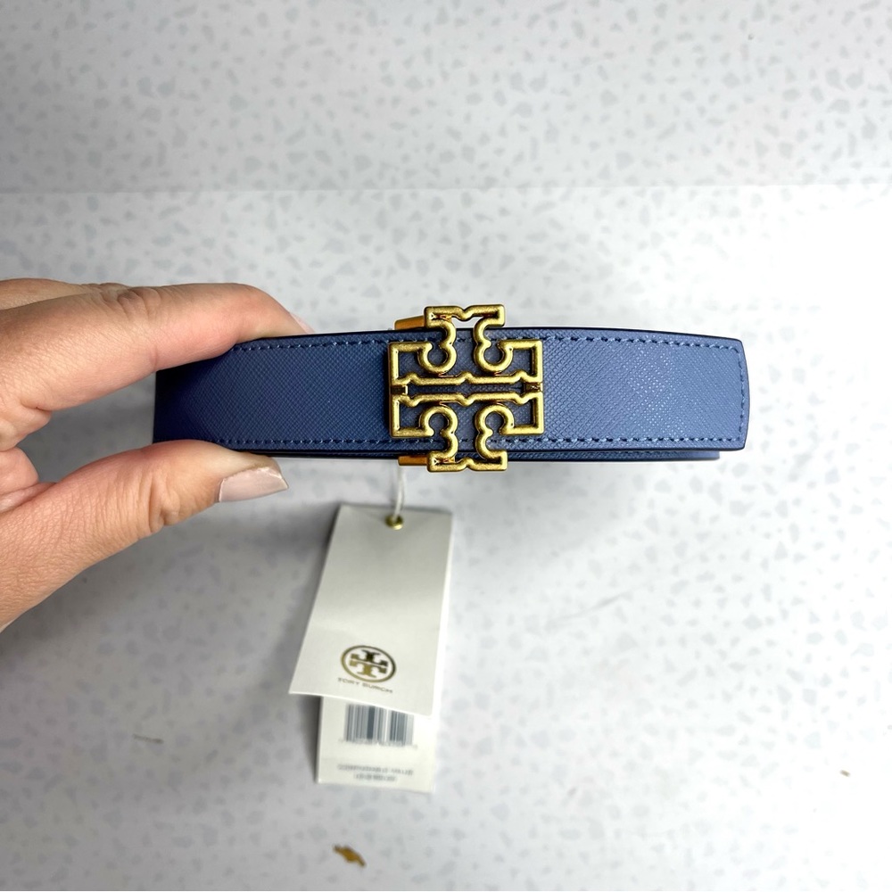 TORY BURCH Bluewood Royal Navy Reversible Britten Logo Belt 1” Size Large